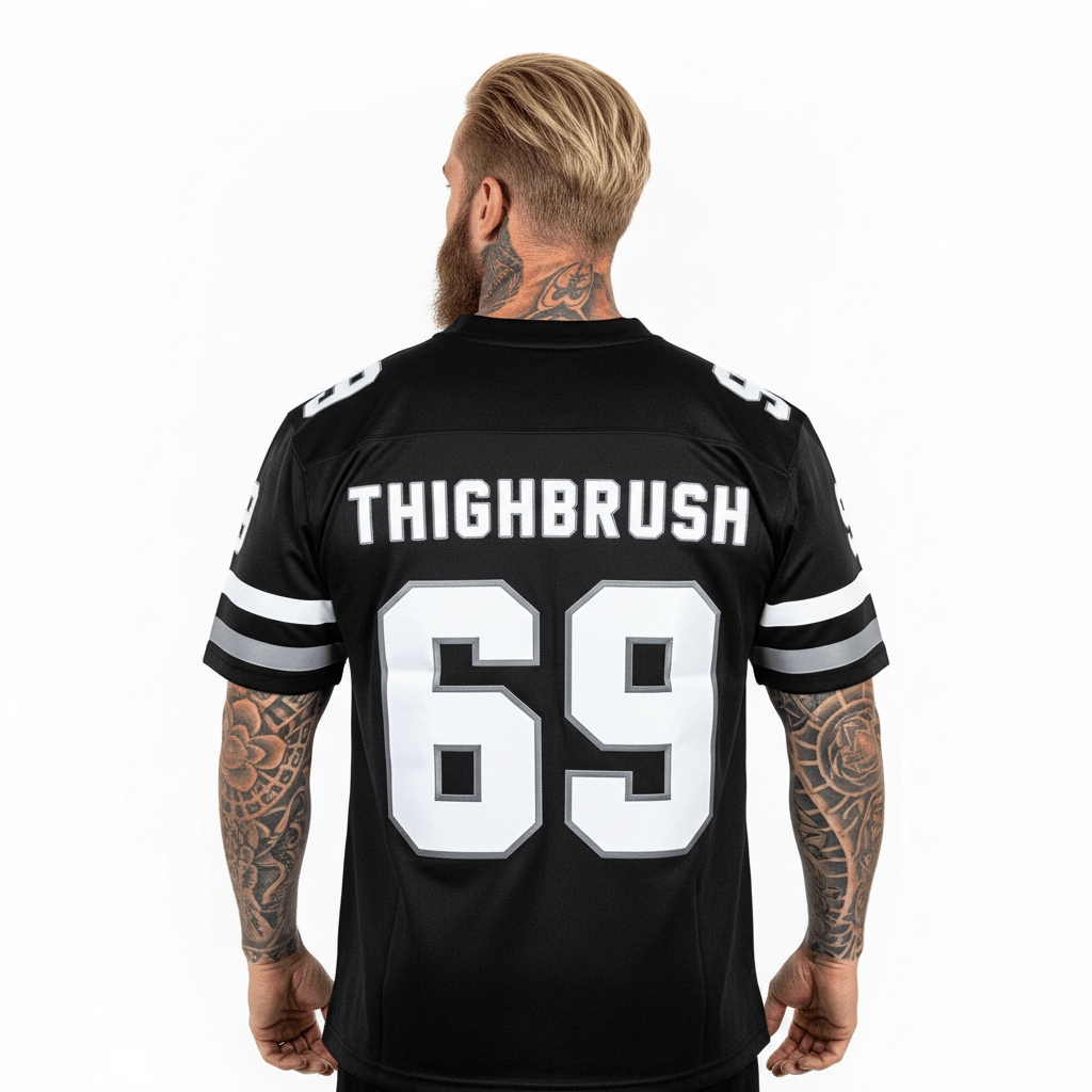 THIGHBRUSH® ATHLETICS "THIGHBRUSH 69 - HOME" Men's Custom Embroidered Football Jersey. Available in Black with White and Silver Grey Logo/Print. THIGHBRUSH® Flag Logo on bottom left corner. 100% Polyester. Sizes Small-4X-Large. Product Link: ...