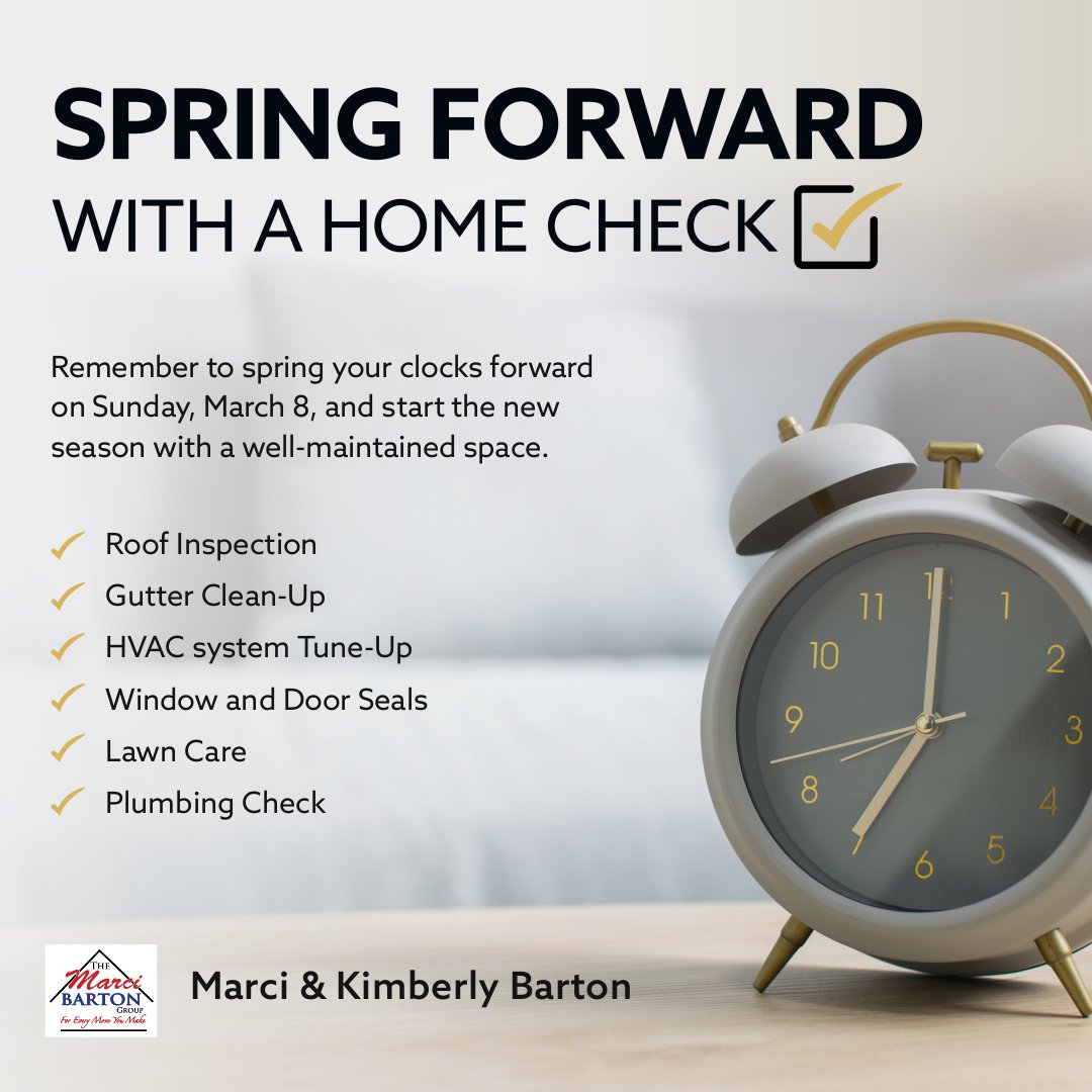 SbMarci's tweet image. As we look forward to springtime, remember to turn your clocks forward on March 8, 2026! And if you are looking forward to a new home this spring, this is the perfect time to get started. #springforward #greattimetosell #daylightsavings