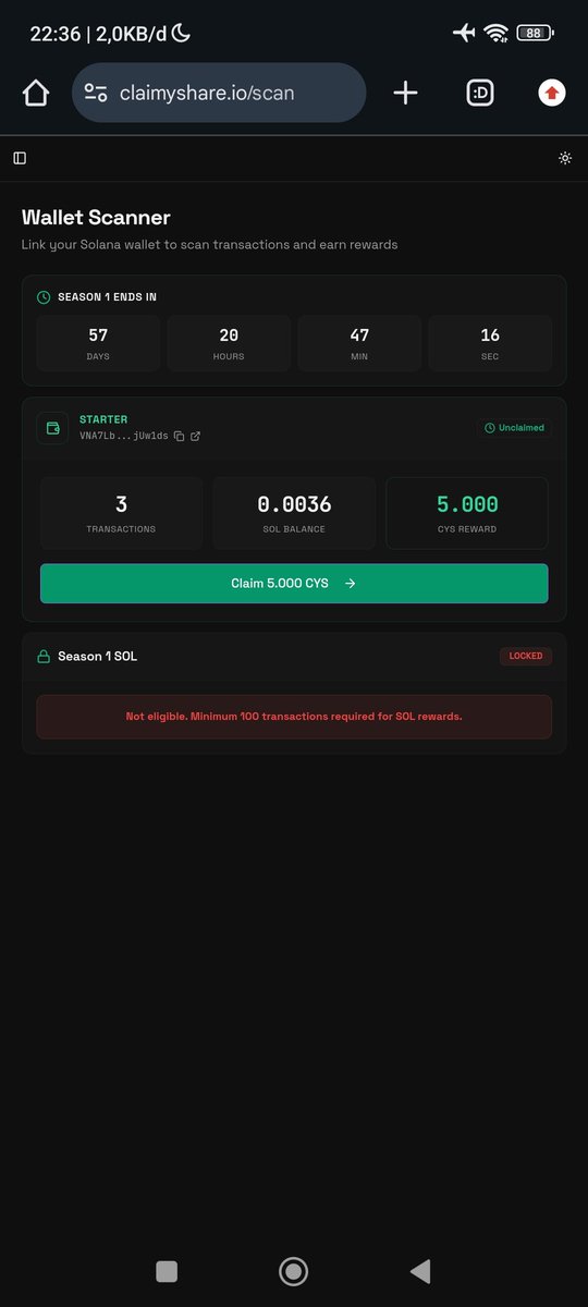 <a href="/claimyshare/">CLAIM YOUR SHARE $CYS</a> Why is this happening? I've already made 1,000 transactions on Solana.