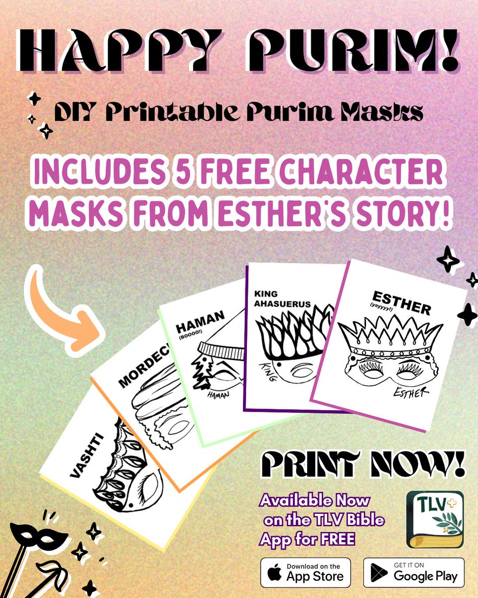 TLVBibleSociety's tweet image. 🎭✨ Happy Purim! ✨🎭

Celebrate the story of Esther in a fun and creative way with our FREE DIY Printable Purim Masks!

📲 Download your FREE printables here:
tlvbible.app.link/purim-mask-pri…

#HappyPurim #Purim #Esther #BibleFun #TLVBible #PurimCrafts #PurimMasks