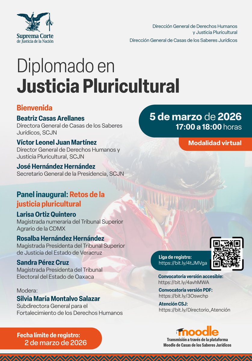 ddhh_scjn's tweet photo. 🎥 ¡No te lo pierdas! Este jueves nos vemos en la mesa inaugural del Diplomado en #JusticiaPluricultural, en vivo a través de nuestras redes sociales.

⚠️ Recuerda: si te inscribiste al Diplomado, deberás seguir la sesión en Moodle para registrar tu asistencia.
#DGDHJP #SCJN https://t.co/f2qTDptgC3