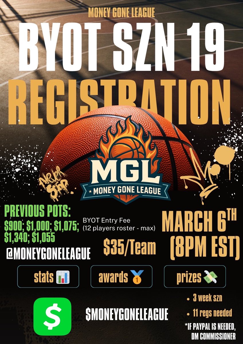 MoneyGoneLeague's tweet photo. 24 teams already signed up 🔒

SEASON STARTS THIS FRIDAY 8PM EST (MARCH 6) 🚨

$35 Entry , 12 player roster max. Let’s Hoop 🔥 https://t.co/jRJPBUQasU