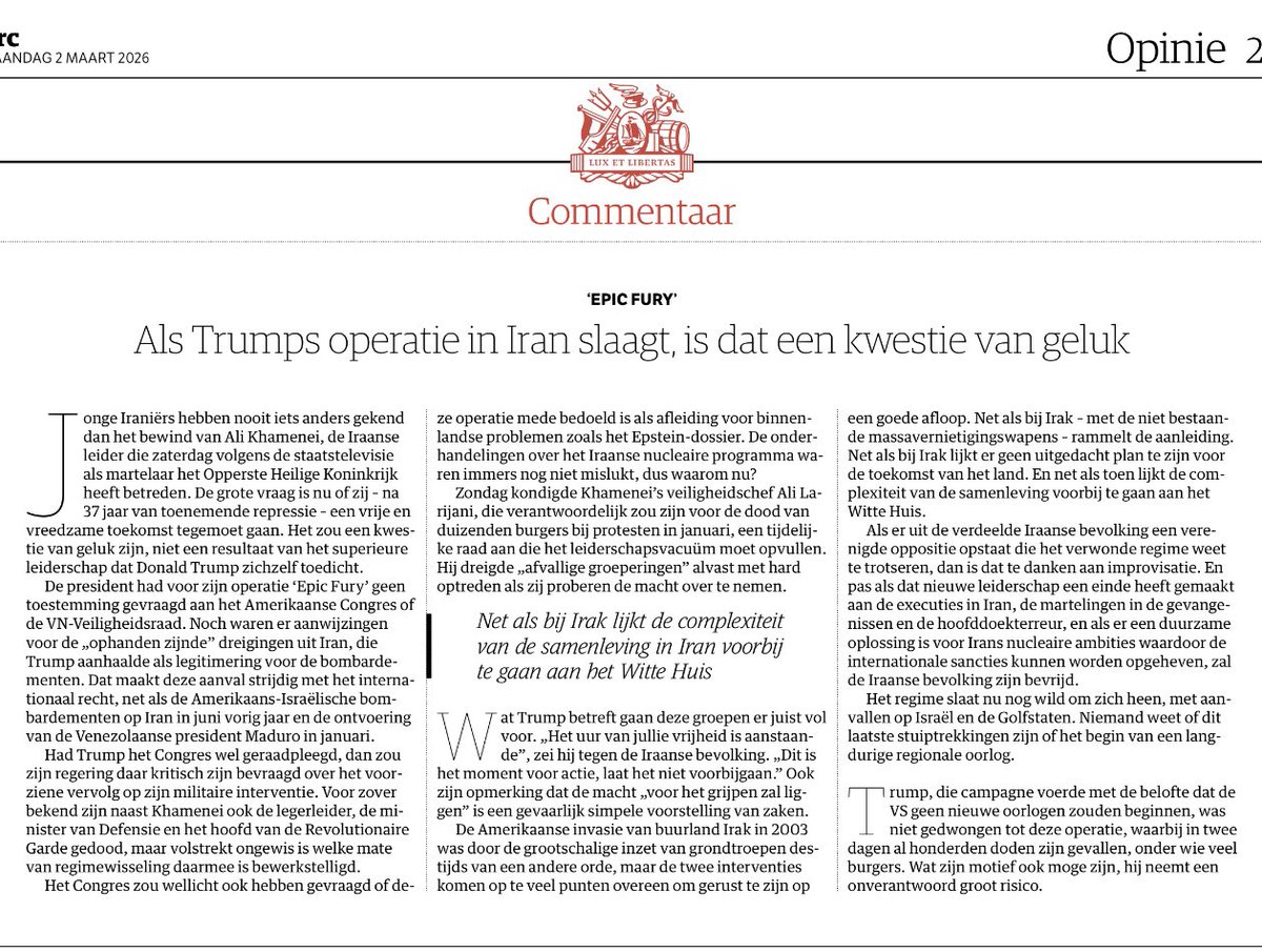 RonnyNaftaniel's tweet image. Het commentaar vd @NRC heeft geen goed woord over voor de aanval op Iran. Hij is “strijdig met het internationaal recht, hij had eerst in het VS Congres besproken moeten worden en de onderhandelingen waren nog niet mislukt”, aldus de krant. Wat een bekrompen visie.
Het