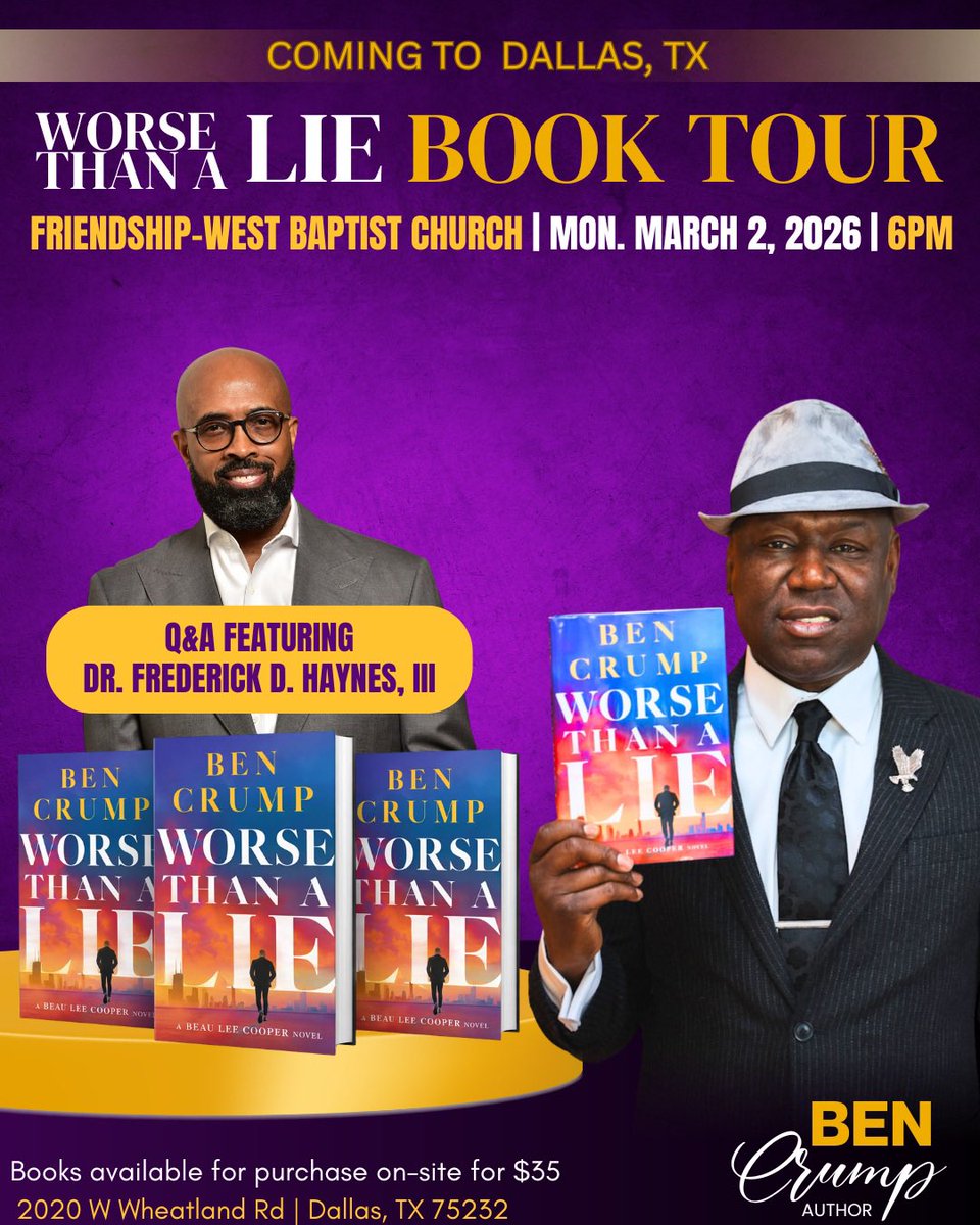 My brother <a href="/attorneycrump/">Ben Crump</a> will be in Dallas tonight for his “Worse Than a Lie” book tour. If you’re in Dallas or the surrounding area, pull up, show him some love, and grab a copy of the book.

📍 Friendship‑West Baptist Church – 2020 W Wheatland Rd, Dallas, TX 75232 

Today,