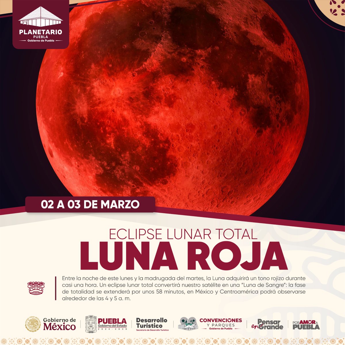 🌕🔴 Del 2 al 3 de marzo, la Luna mostrará su tono rojizo durante el eclipse lunar total. ✨

Un fenómeno visible a simple vista si el clima lo permite. Busca un lugar con poca luz y no te lo pierdas.

#EclipseLunar #LunaRoja #Astronomía