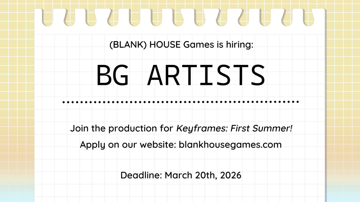 We're opening lodgings in our drawing room for BG artists! 🖼️✨

This work is for a visual novel. Pay is a flat rate that increases based on the complexity of the BG.

And more details for the posting is in the comments below! But first and foremost, NO AI!