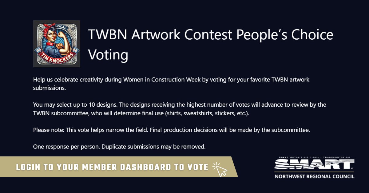smartlocal55's tweet photo. It's Women in Construction Week, and we're celebrating the incredible creativity of our TWBBN Artwork Contest submissions!

SMART Local 55 members: Log in to your member dashboard right now to cast your vote!

https://t.co/KCDzmGzUxt

#TWBBN #UnionStrong #SMARTLocal55 #SMW55 https://t.co/vpIdIfVl0u