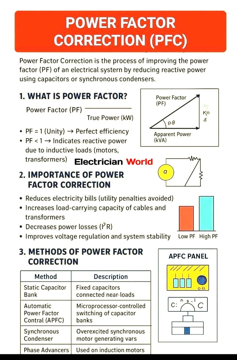 Mu_Engg's tweet photo. معامل القدره (PF) , (Complex Power) 📐⚡️

▪️ PF = القدرة الفعلية (kW) ÷ القدرة الظاهرية (kVA)
-إذا PF = 1 → كفاءة مثالية
-إذا PF أقل من 1 → يوجد فقد بسبب أحمال حثية مثل المحركات والمحولات
و هو مقياس لمدى كفاءة استهلاك الكهرباء في المنشأة

▪️ مثلث القدره Complex Power 📐 :

👇🏼.. https://t.co/XaWPWSlYLO