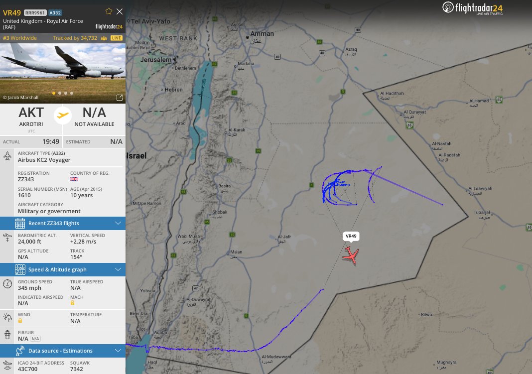 alternativewip's tweet photo. #RAF KC2 voyager seen on the flight radar circling to the east of jordan - with the aircraft type, altitude and consistent circling safe to say this is providing AAR for aircraft operating in the area. #VR49 #RRR9961 #43C700 https://t.co/5wsGpntB3x