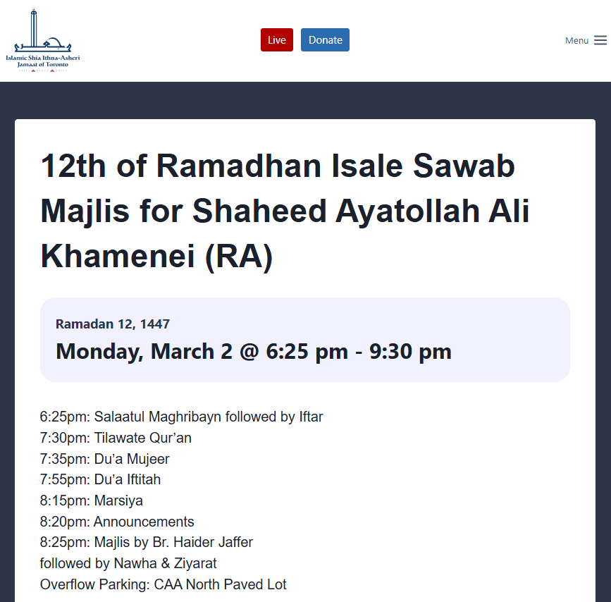 MelanieBennet_'s tweet photo. Dear @patrickbrownont. Why is the Islamic Shia Ithna-Asheri Jamaat of Toronto hosting a celebration of life for designated terrorist leader Ayatollah Khamenei? https://t.co/ORIG4rsCEj