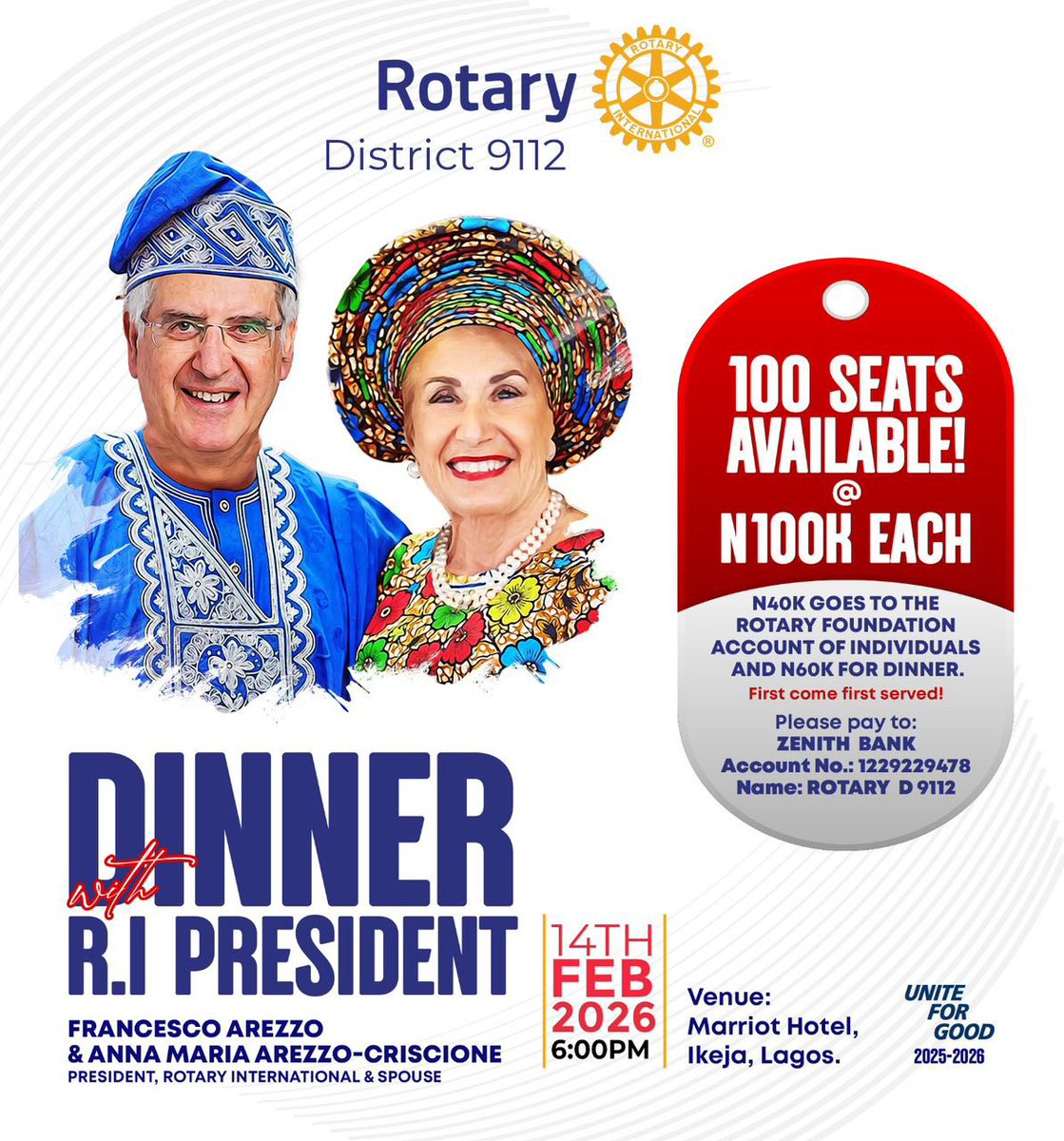RCAnthonyGolden's tweet photo. Rotary International President and his spouse at the prestigious Rosfest 2026 Gala Night Dinner - an evening of elegance, fellowship, and Rotary excellence.

#Rosfest26 #RotaryDistrict9112 #SportsForUnity #Rotarylnternational https://t.co/hcVxO8TexX