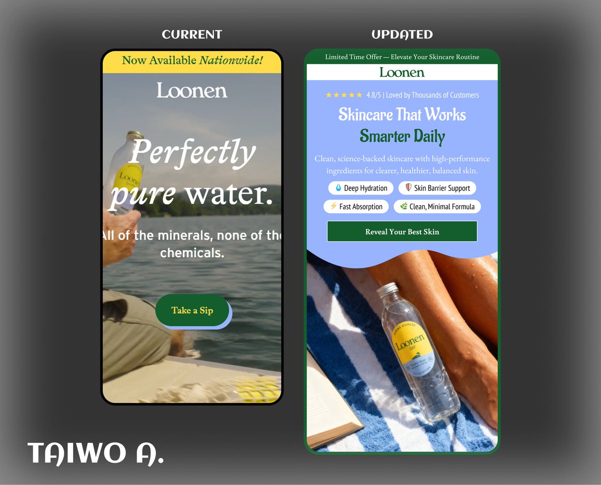 AjeigbeTai86364's tweet image. Before → After: Redesigned the hero section to focus on performance, not just looks.
Key improvements:
▪︎ Clear headline
▪︎ Highlighted key benefits
▪︎ Integrated social proof
▪︎ Stronger CTA
Small design tweaks, big impact.
#UXDesign #figma #UIUX #Ecommerce
