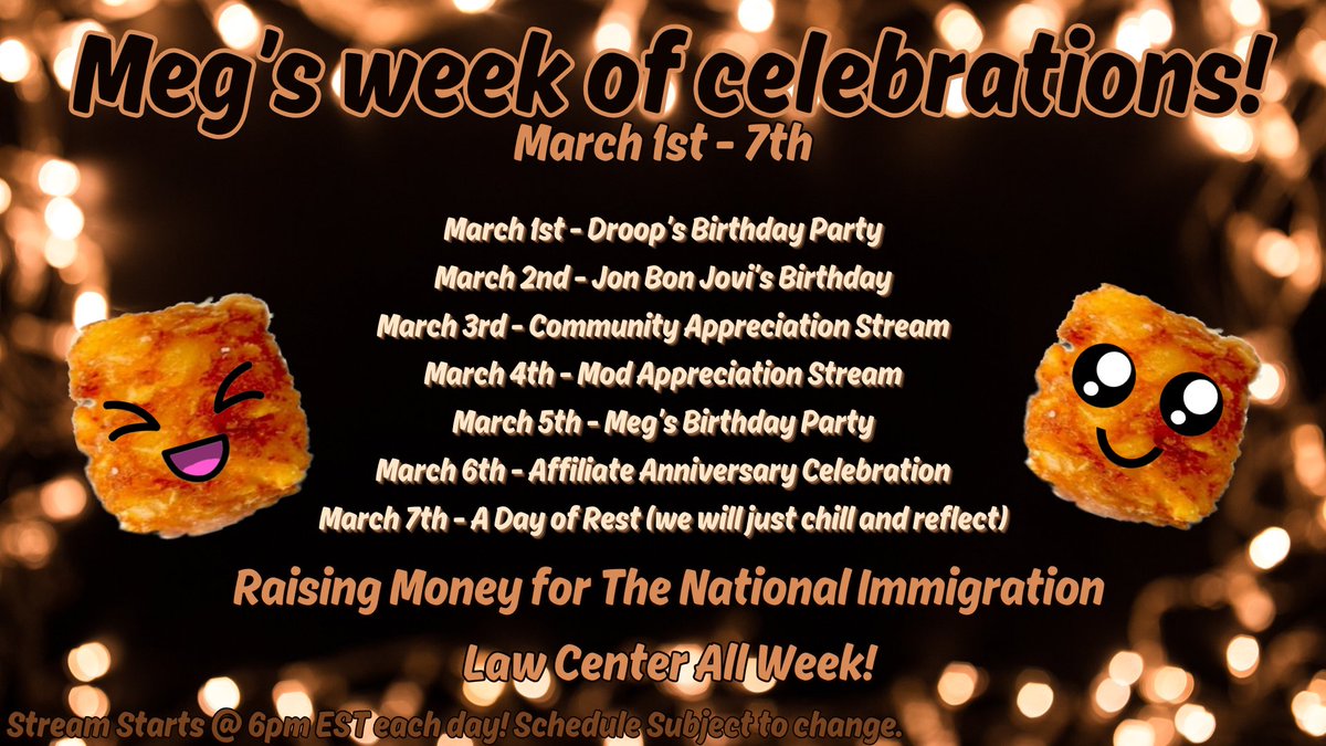 🖤🥔WEEK OF CELEBRATIONS!🥔🖤
🟪twitch.tv/hahaitzmeg
🥳Celebration: Droops Birthday (yesterday) Jon Bon Jovi's Birthday (today)
💌Raising Money for <a href="/NILC/">National Immigration Law Center</a> with <a href="/tiltify/">Tiltify</a> tilt.fyi/dqF5VWLqiN
🪙Coin Pusher and Slots by <a href="/LittyGamesCo/">LittyGames</a> 
👚Winter Merch hahaitzmeg-shop.fourthwall.com