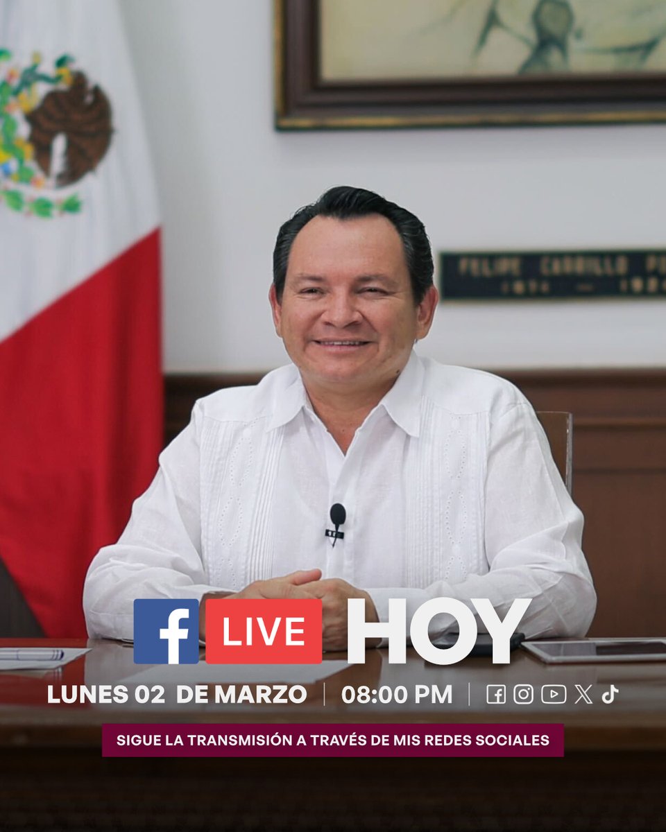Hoy lunes 2 de marzo, a las 8:00 pm, nuestro gobernador <a href="/huachodiazmena/">Joaquín Díaz Mena</a>   sostendrá un Facebook Live para informar sobre los avances del Renacimiento Maya en Yucatán.
¡No se lo pierdan!