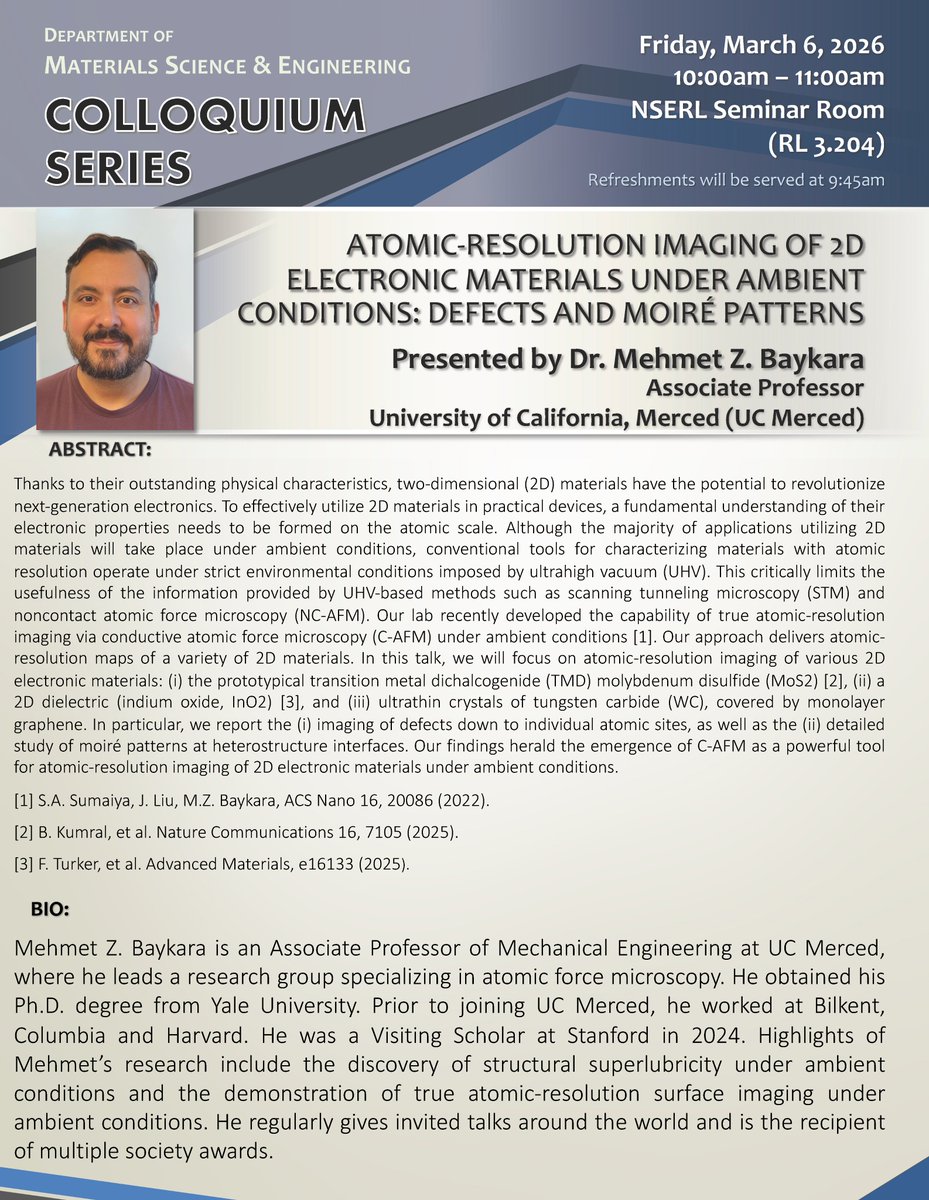 MehmetZBaykara's tweet photo. Excited to visit @UTDallas on Friday to deliver this week's MSE colloquium!  #afm #atoms #2DMaterials https://t.co/2XLK8abjCK