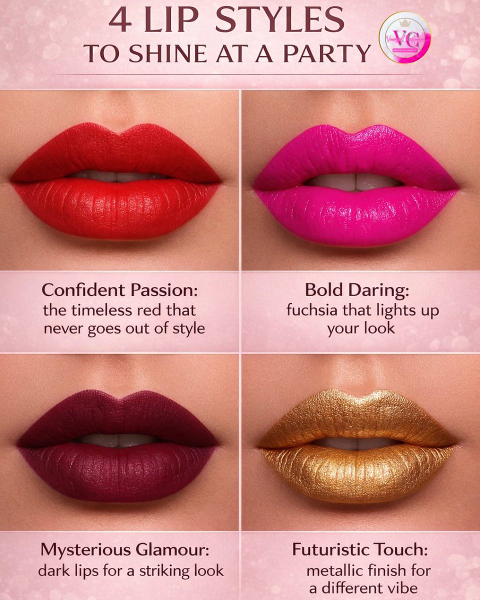 vandelchristen's tweet image. One party. Four lip moods. 💄✨
From classic red to bold fuchsia, mysterious dark tones, or futuristic metallic— your lips decide the vibe.
Which one are you wearing tonight? 💋👇

#PartyMakeup
#LipstickLovers
#BoldBeauty
#MakeupInspo
#GlamVibes