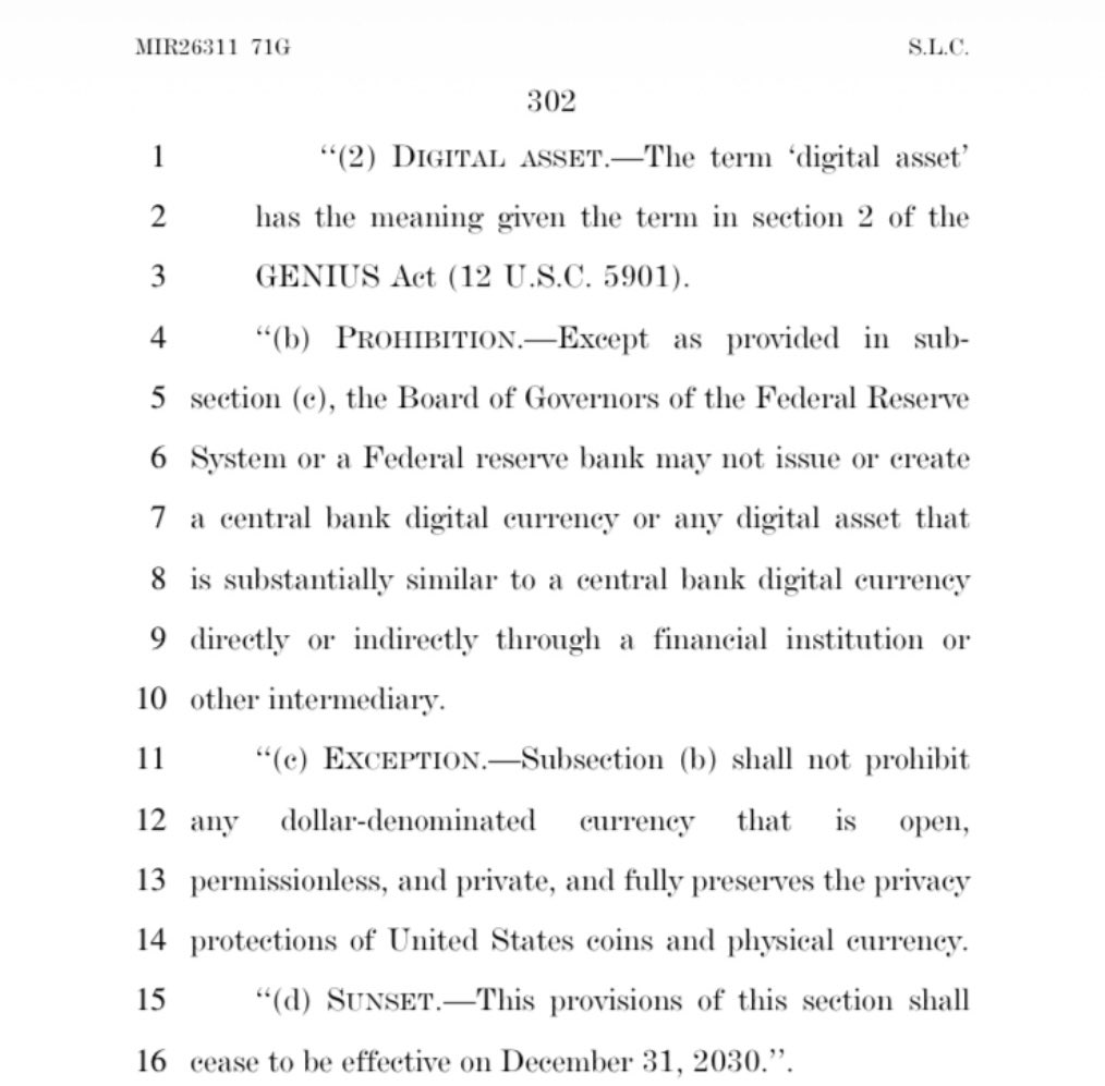 🚨NEW: Remember that CBDC ban that didn’t make it into the National Defense Authorization Act (NDAA) last year? It’s just resurfaced in <a href="/BankingGOP/">U.S. Senate Banking Committee GOP</a>’s 21st Century ROAD to Housing Act, released minutes ago.

Specifically, it bans the Fed from directly or indirectly issuing a