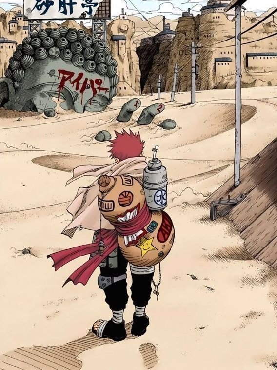 I like this official art, the punk look is cool but the idea of gaara buying stikers and then taking the time to sitdown and place them so cute