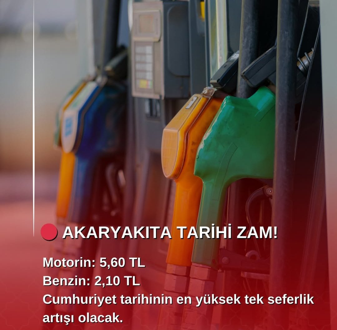 Özellikle savaş zamanı milleti zorlayan bu ekonomik tabloda zam değil, vergiden feragat edilmelidir. 

Mazot 60-61 TL bandında, deponun %40'ı vergi (≈24-25 TL). Üstüne 5,60 TL'lik tarihi zam geliyor. (4 Mart gece yarısı, motorin ~66 TL'ye çıkacak) 

İktidar millete yük bindirme!
