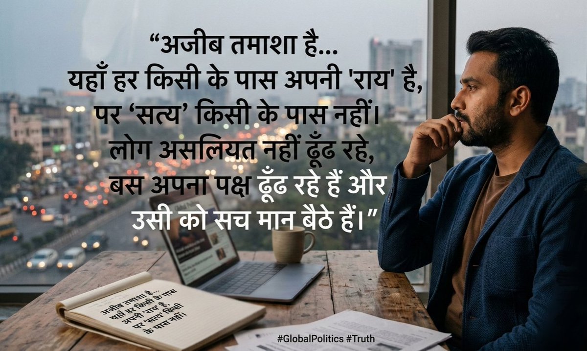 Shahzada_Azad1's tweet photo. "दुनिया भर की सियासत पर बातें तो सब कर रहे हैं, पर सच तो यह है कि 'सत्य' का पता किसी को नहीं—मुझ समेत। 🌍

​लोग हकीकत नहीं जानना चाहते, बस अपनी पसंद की राय को सच साबित करने में लगे हैं। सत्य तो कहीं इन सब दावों के बीच गुम है। 🤔💬
​#GlobalPolitics #Truth #RealityCheck" #world https://t.co/nIXjkjDCCx
