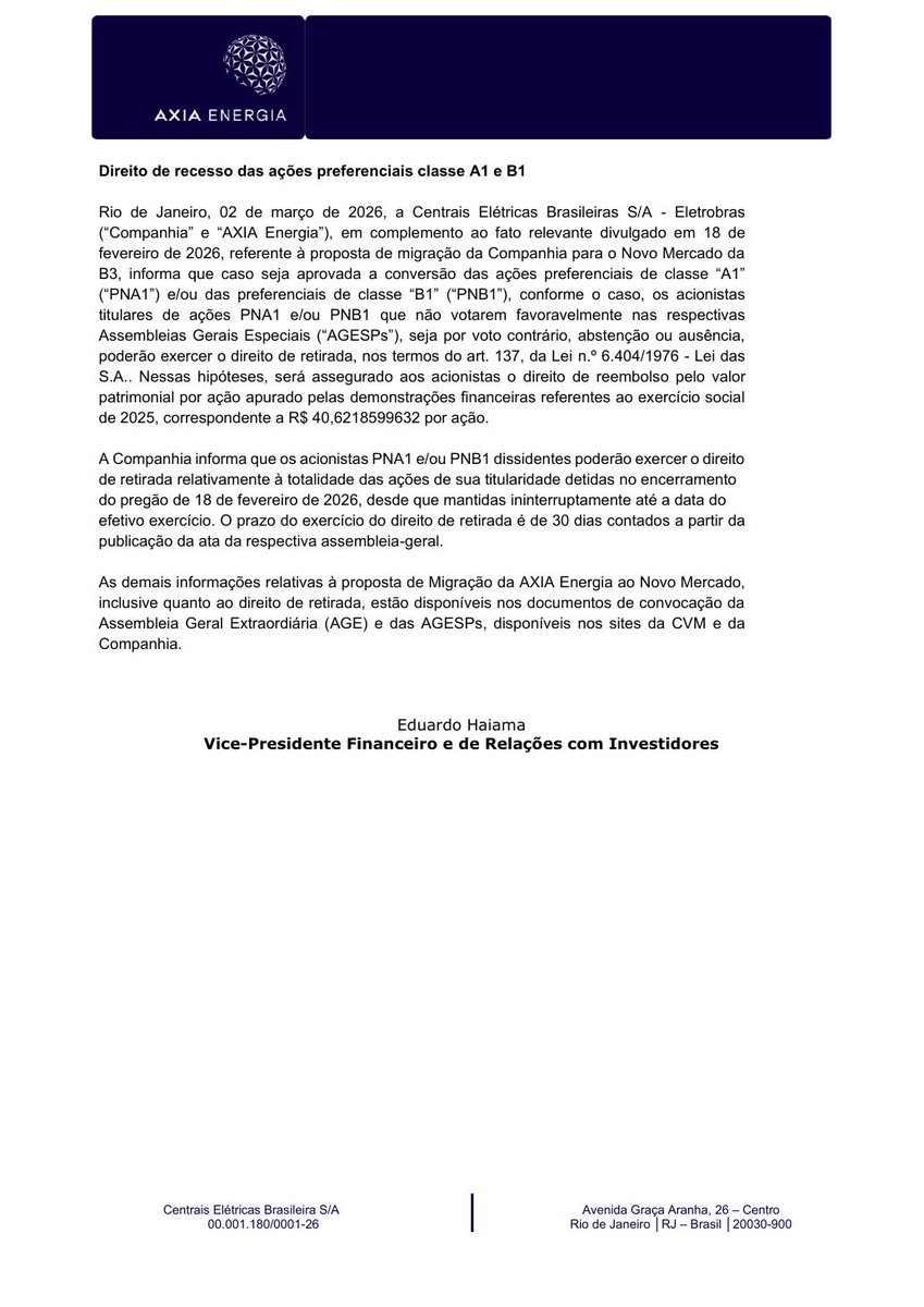 AvisosDaBolsa's tweet photo. CENTRAIS ELET BRAS S.A. - ELETROBRAS - Direito de recesso das ações preferenciais classe A1 e B1 #ELET3 #ELET5 #ELET6 https://t.co/1lAPM2Jwrk