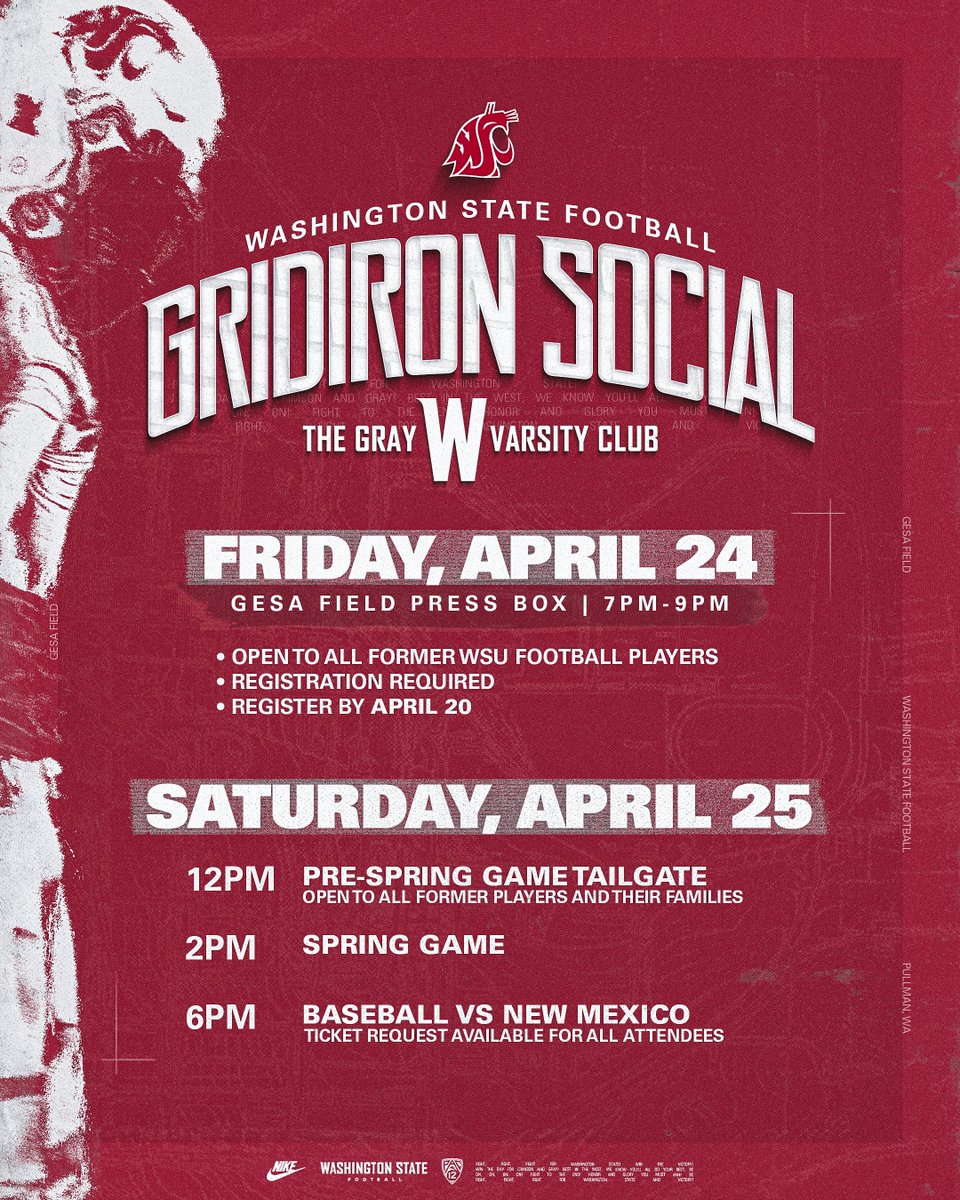 WSU_GrayW's tweet photo. CALLING ALL FOOTBALL ALUMNI ☎

WSU Football & The Gray W Varsity Club welcome you back for a reunion social and an event filled weekend for the 2026 Spring Game.

📅 April 24-25, 2026
⏰ 7-9pm Social & 12pm Tailgate
📍 Gesa Field Press Box

Registration is required for the April 24 social, which is open to all former WSU football players. Register at the link in our bio by April 20 to attend❗

#GoCougs | #MadeOfCrimson | #OnceACougAlwaysACoug