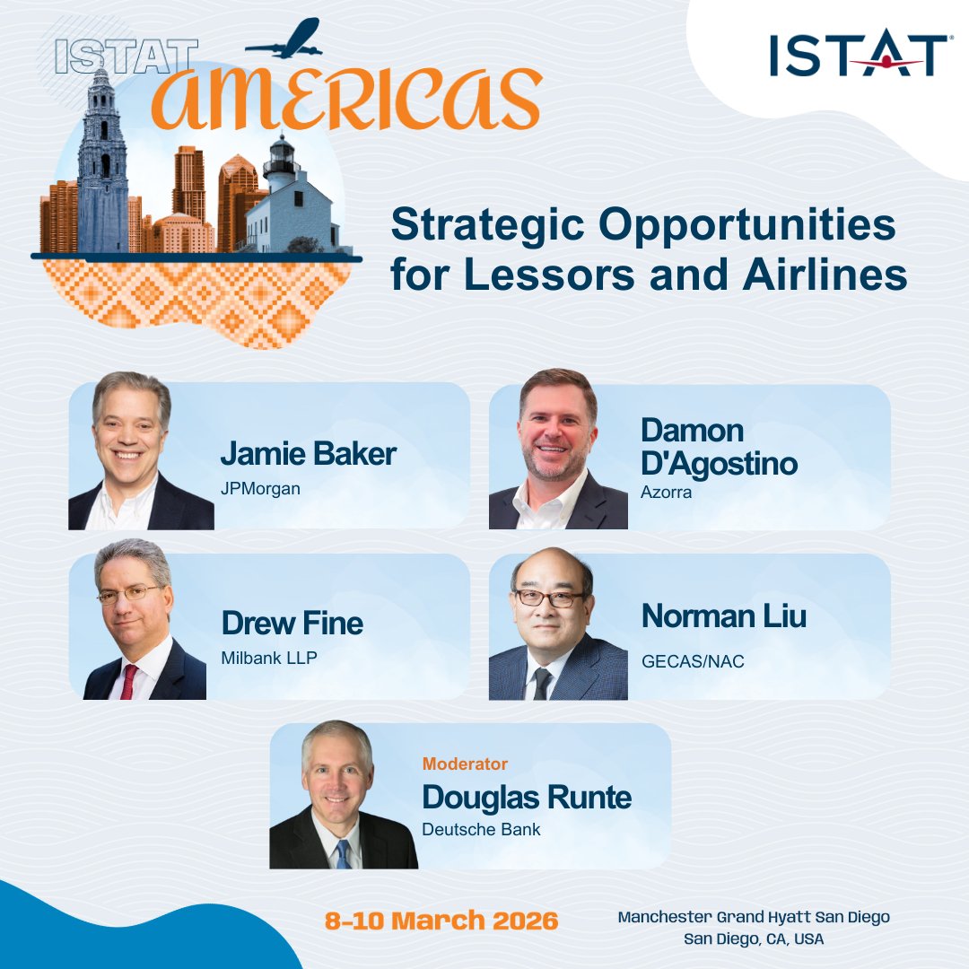ISTATnews's tweet photo. The Strategic Opportunities for Lessors and Airlines panel brings together industry leaders for a forward‑looking discussion on where value and opportunity are emerging across the aviation landscape.
We look forward to seeing you at ISTAT Americas! 
#ISTATEvents #ISTATAmericas https://t.co/uw7m6jgq3w
