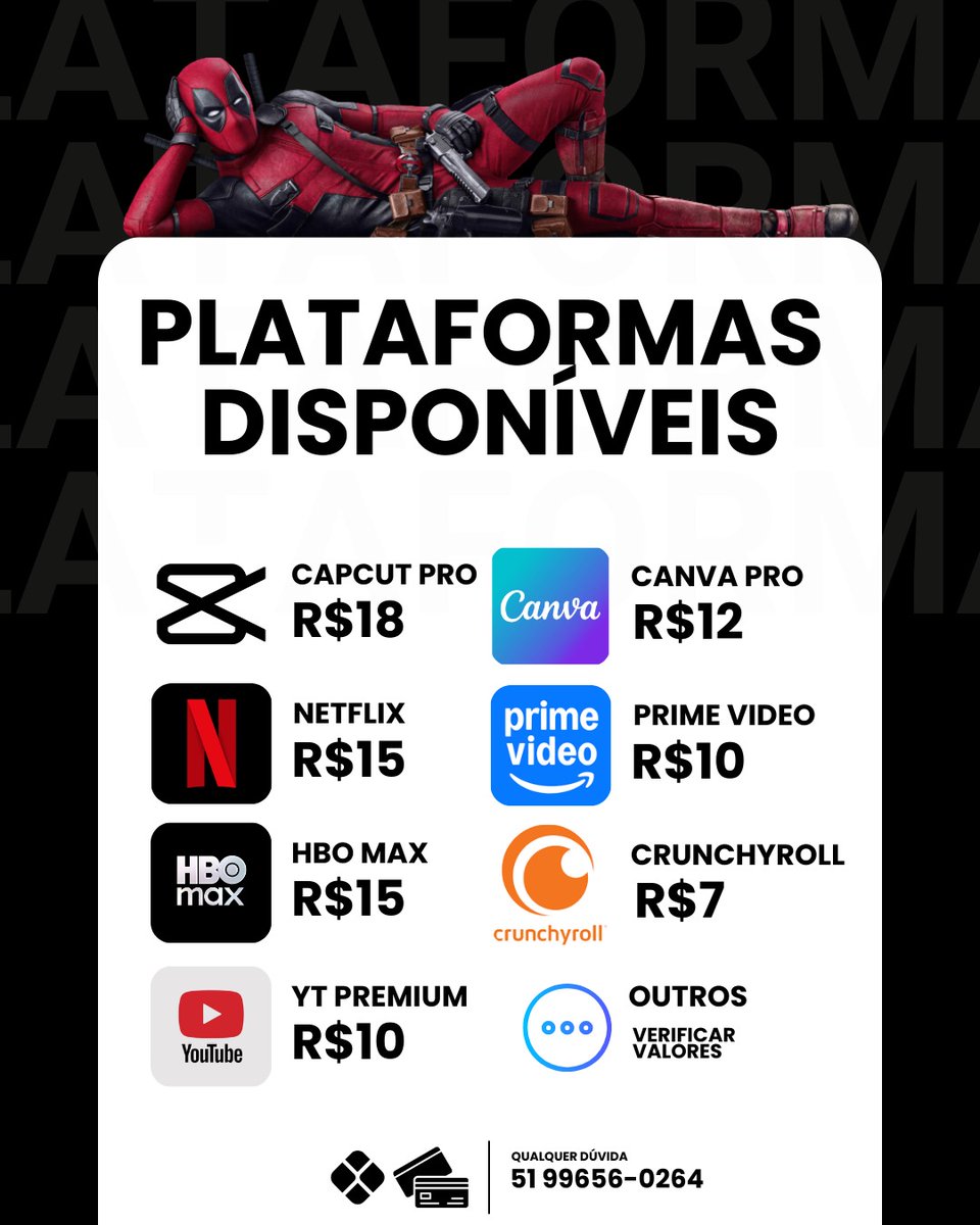 🚀 Acesso Premium que cabe no seu bolso! 🚀

Cansado de pagar caro em várias assinaturas? 
Temos pacotes de entretenimento e também ferramentas essenciais de edição (Canva Pro e CapCut Pro).

📲 Garanta já o seu acesso: Chame no WhatsApp (51) 99656-0264
