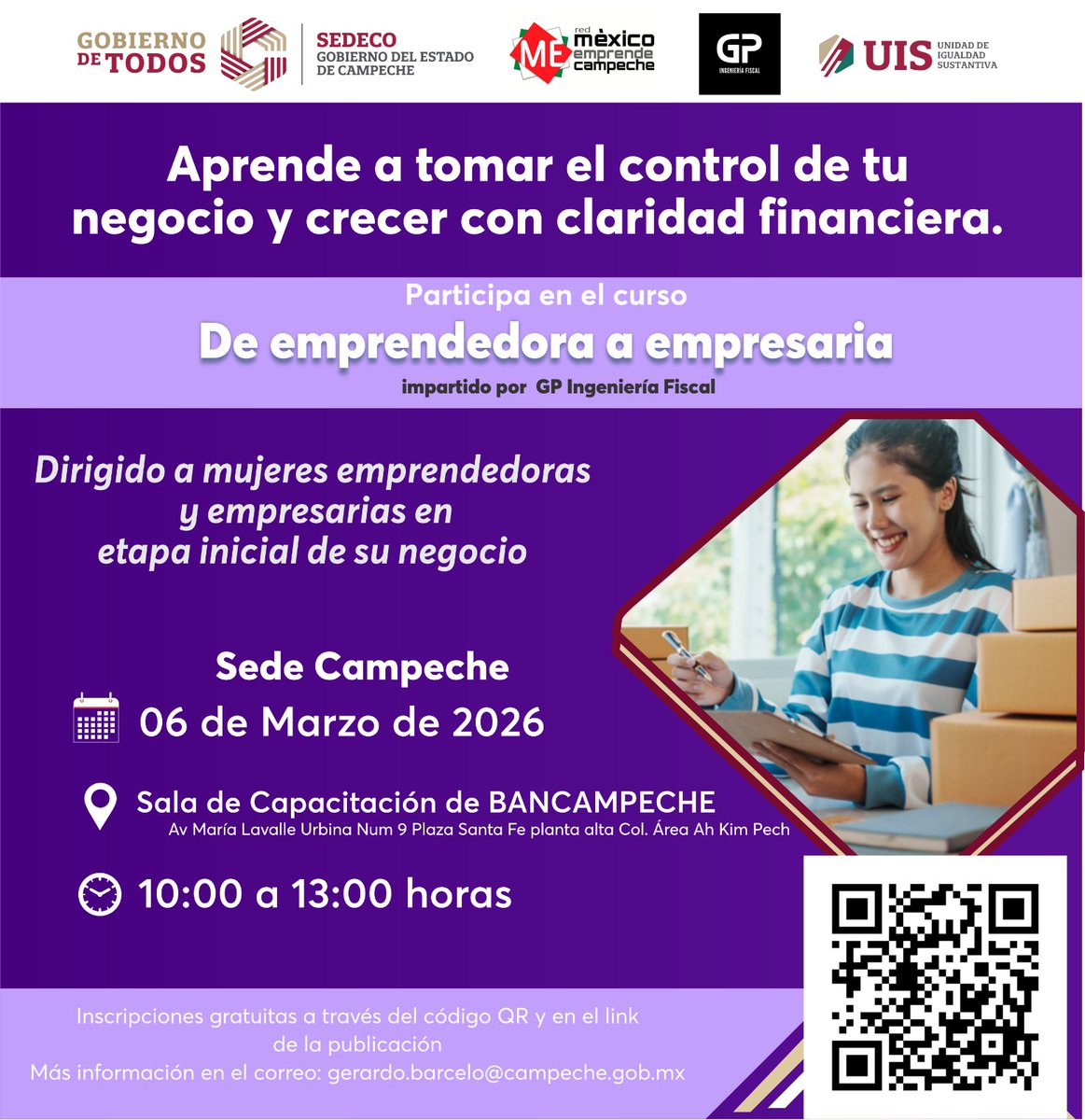 SEDECOCAMPECHE's tweet photo. En el marco del Día Internacional de la Mujer, La SEDECO te invita al curso “De emprendedora a empresaria”.

Dirigido a emprendedoras y empresarias en etapa inicial. Inscripción gratuita a través del código QR o a través del link https://t.co/inUafnPbbG

¡Te esperamos! 💜 https://t.co/PIIdpi9FTP