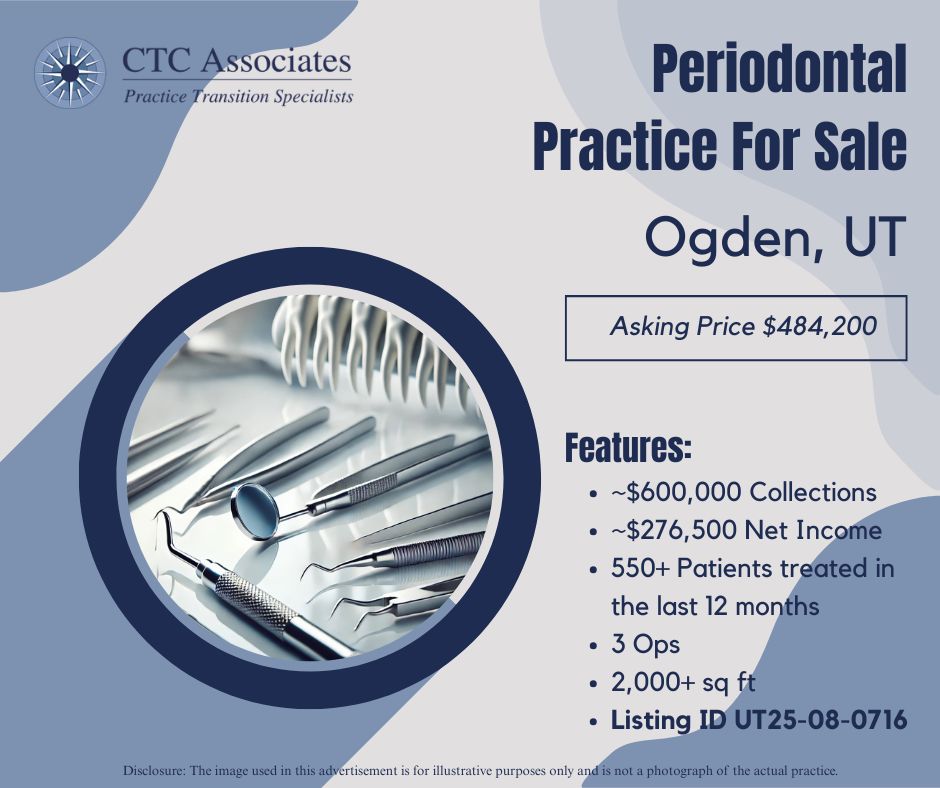 ctc_associates's tweet image. Periodontal practice for sale in Ogden, UT.  
 
For more information on listing UT25-08-0716, a buyer’s application and signed non-disclosure agreement must be completed: ctc-associates.com/buyers-applica…. 
 
#utahdentalpracticeforsale #dentalpracticeforsale  
#utahdentalpracticebroker