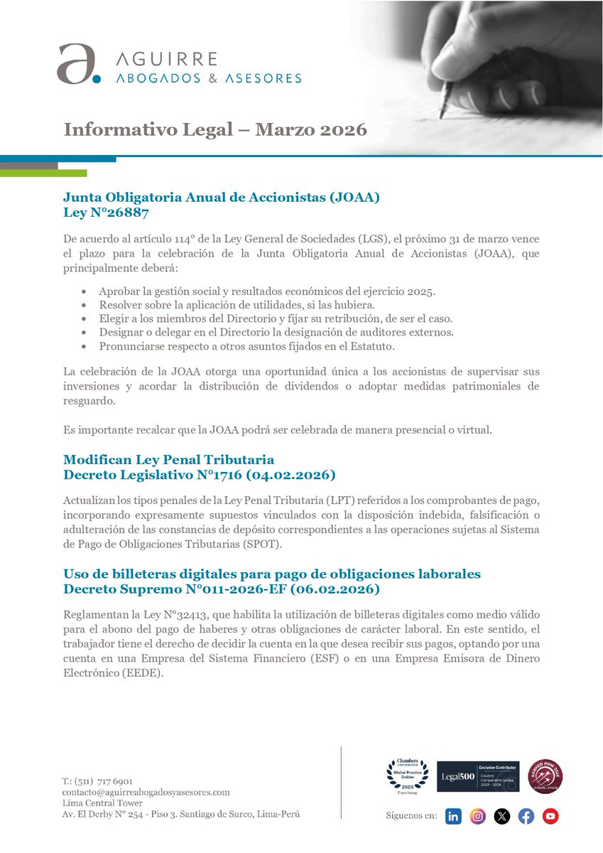 AAAabogados's tweet photo. Compartimos con ustedes nuestro Informativo Legal AAA Marzo – 2026, en el cual se encuentran las principales obligaciones del mes y normas recientemente promulgadas.
El próximo 31 de marzo vence el plazo para la celebración de la Junta Obligatoria Anual de Accionistas (JOAA). https://t.co/Kpm86k51Nr