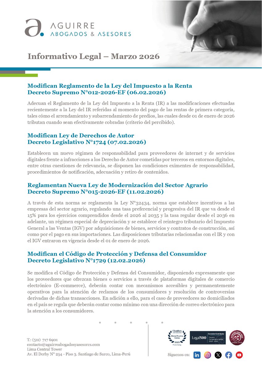 AAAabogados's tweet photo. Compartimos con ustedes nuestro Informativo Legal AAA Marzo – 2026, en el cual se encuentran las principales obligaciones del mes y normas recientemente promulgadas.
El próximo 31 de marzo vence el plazo para la celebración de la Junta Obligatoria Anual de Accionistas (JOAA). https://t.co/Kpm86k51Nr
