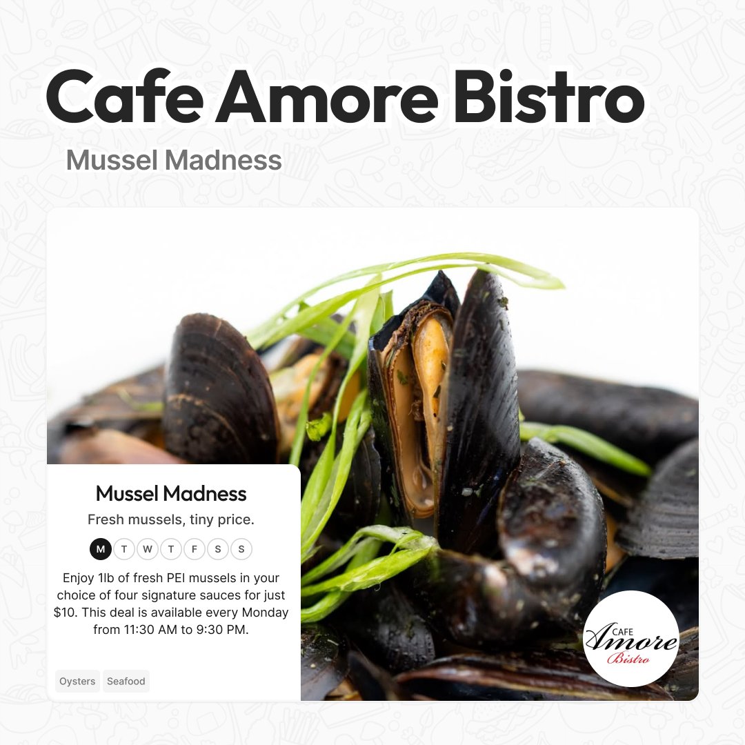 whatsthedealyeg's tweet photo. Monday blues? Not at Cafe Amore Bistro. 

Get a full pound of fresh PEI mussels for only $10 every single Monday! 🧡 https://t.co/jZVb6z0fEq
