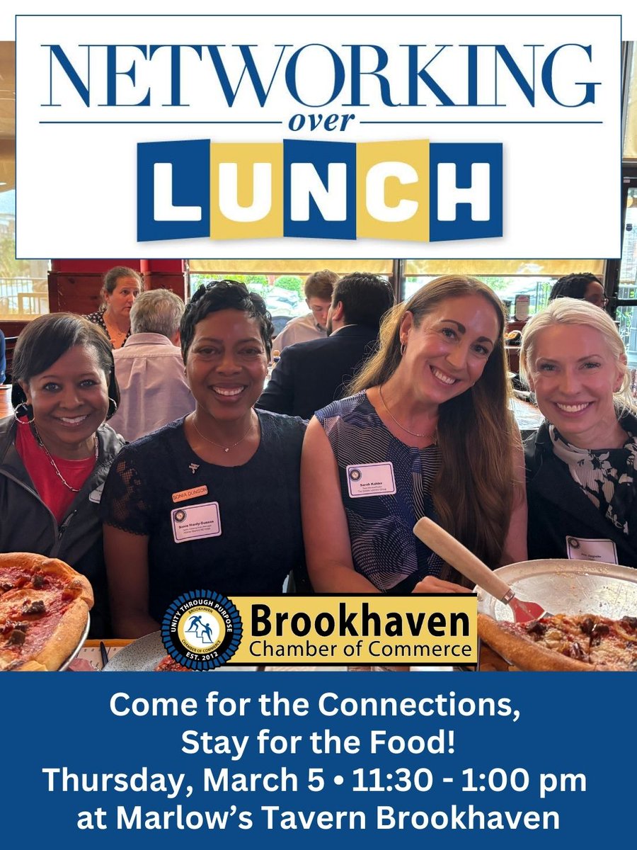 Brookhaven_cc's tweet image. Got lunch plans this Thursday? 🥪 Make them with the #BrookhavenChamber!

Join us for #NetworkingOverLunch at Marlow's Tavern #Brookhaven.
🗓️ March 5 | 11:30 AM
💰 $35 Members | $45 Non-Members

Register now and expand your circle! bit.ly/NOLMar5