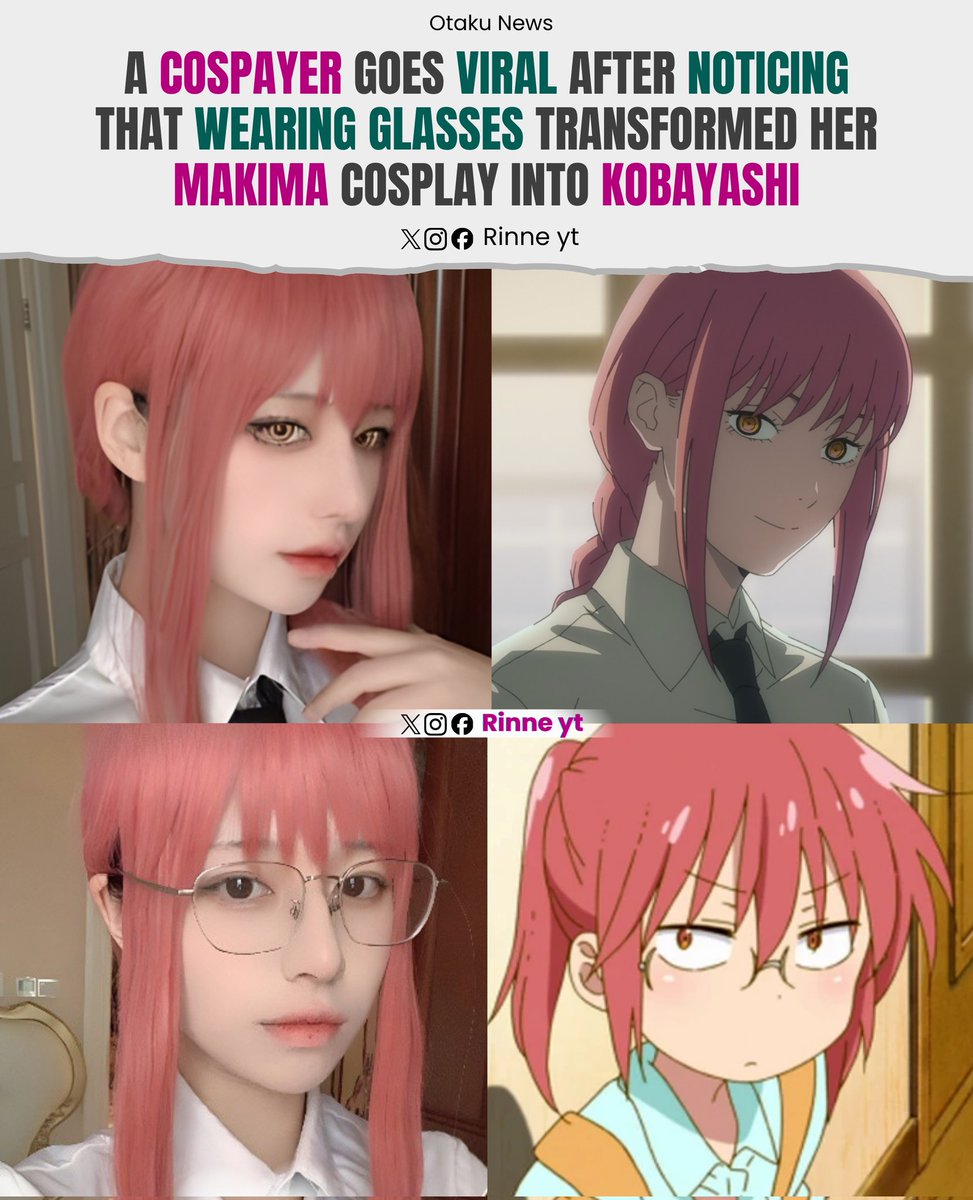 When 兔子烧owo (tuzishao_owo) put on glasses, her Makima (Chainsaw Man) cosplay suddenly became Kobayashi (Miss Kobayashi's Dragon Maid), and the internet can’t unsee it 🤯✨