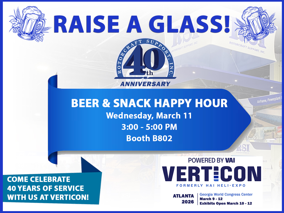 RotorcraftSl's tweet photo. Rotorcraft Support, Inc. is celebrating our 40th Anniversary at VERTICON 2026 — and you’re invited.

Join us for our 40th Anniversary Beer & Snack Happy Hour:

📅 Wednesday, March 11
⏰ 3:00 PM – 5:00 PM
📍 Booth B802

Stop by, raise a glass, and help us celebrate four decades of mission-ready helicopter support. We look forward to seeing you there.

#CheersTo40 #VERTICON2026 #RotorcraftSupport #40Years #AviationMRO