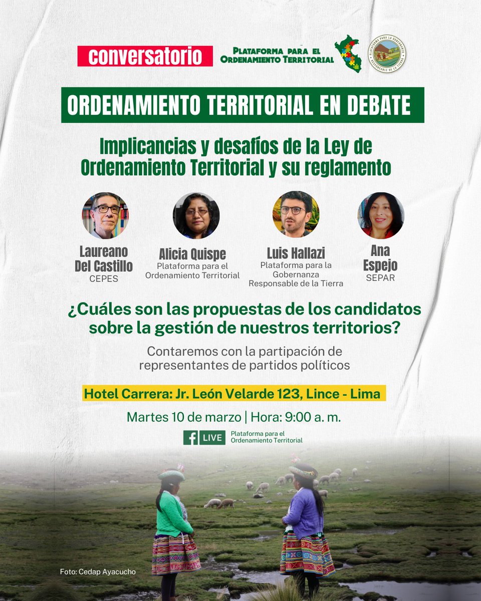 📢 #Foro: Ordenamiento Territorial en debate
🤔¿Quién decide qué actividades se realizan en el país? ¿Dónde puede haber minería, agricultura o ciudades?
🗳️¡Con la participación de representantes de partidos políticos!
📍Hotel Carrera (Lince)

👏🏼Inscríbete: forms.gle/JJ9Asw2XpDyiDG…