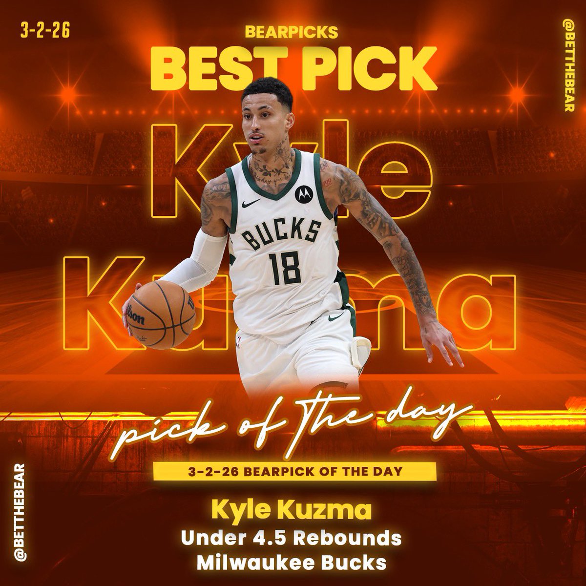 BetTheBear's tweet photo. 🐻 BEARPICKS BEST PICK 🐻 Kyle Kuzma UNDER 4.5 Rebounds (7th straight if it cashes 👀🔥)
#BearPicks #PickOfTheDay #NBA #Bucks #KyleKuzma #NBABets #SportsBetting #Under #7InARow #TrustTheBear https://t.co/rfHB1xqXzI