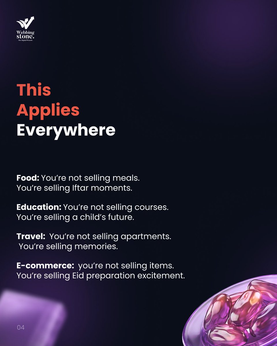 WebbingStone's tweet photo. You’re not selling a course, meal, apartment, or product.  You’re selling a future, a moment, a memory, a feeling.
That’s the difference.
#Ramadan #Ramadan2026 #SaveForLater #RamadanInsights https://t.co/Q6drpH8bvB