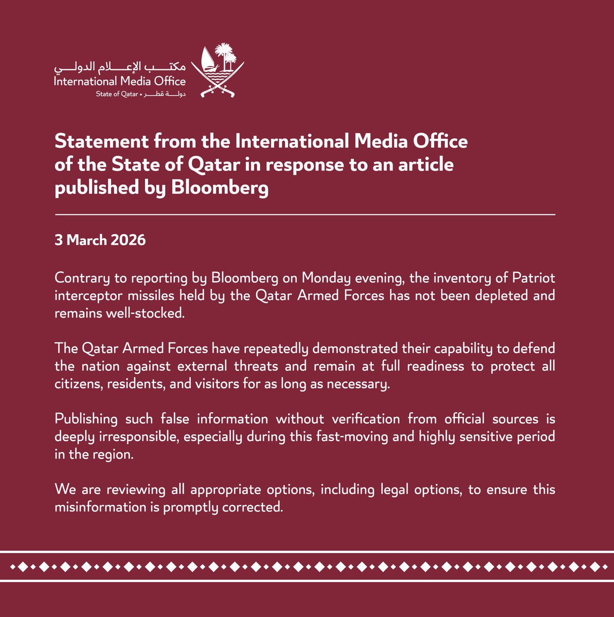 Statement from the International Media Office of the State of Qatar in response to an article published by Bloomberg

imo.gov.qa/media-centre/p…