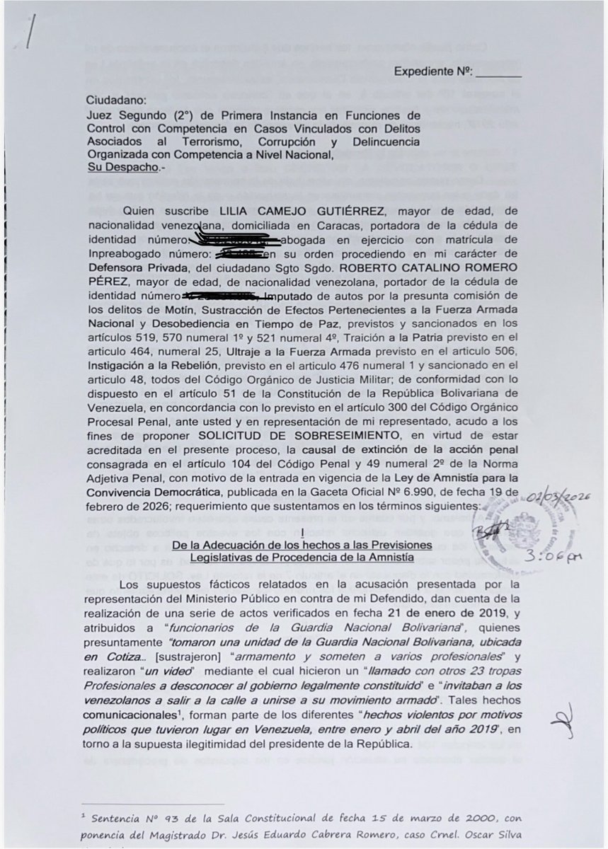LiliaCamejoG's tweet photo. Importante  🚨🚨

En mi carácter de defensora privada del #PresoPolitico militar, sargento segundo Roberto Romero Pérez, ante el Juzgado Segundo de Control con Delitos Asociados a Terrorismo. 

Esta acción está amparada en el artículo 8, numeral 10 de la Ley de Amnistía. 🕊️
#2Mar https://t.co/v5pwtiLxAo