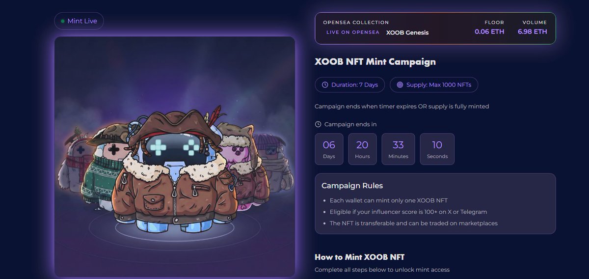 XOOB Network ~ Free Mint! <a href="/XOOBNetwork/">XOOB 👾</a> 

✅ Go to xoob.link/?ref=471cd1b53a
• Connect your Wallet, X and Telegram
• If your X score is 100+ , Publish a post
• Mint NFT [Base]

▶️ Check your X score here app.sorsa.io

✅ Marketplace: opensea.io/collection/xoo…