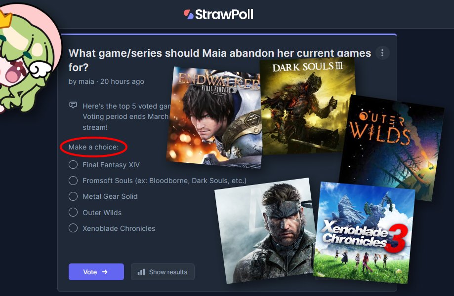 🗳️The time has come... TO VOTE!
strawpoll.com/LVyK2dPWRZ0
⏰Poll ends SAT 3/7 @ 3PM PT

Choose between:
▫️Final Fantasy XIV
▫️FromSoft Souls
▫️Metal Gear Solid
▫️Outer Wilds
▫️Xenoblade Chronicles

...and I will abandon my current playthroughs until I beat the whole series!