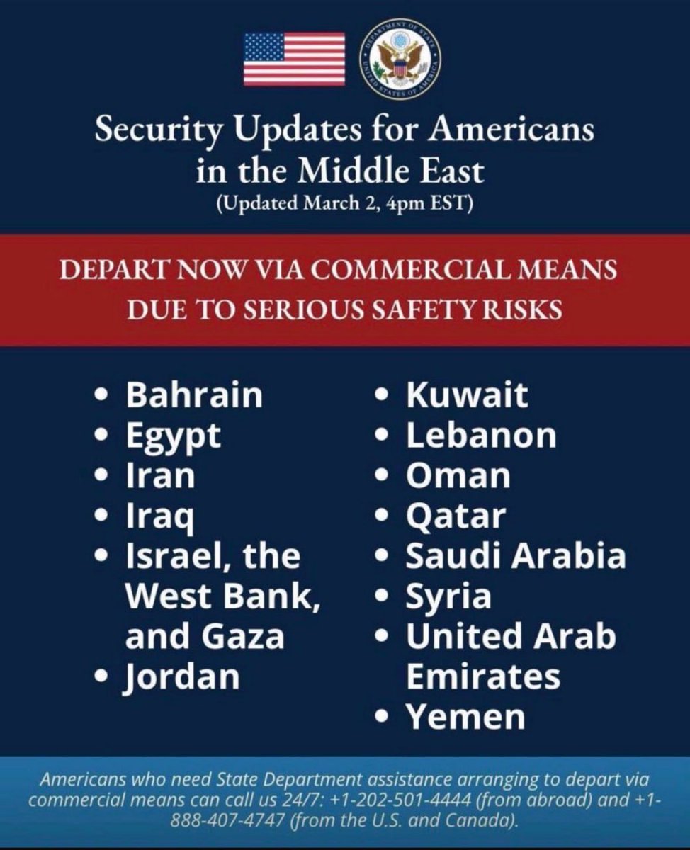 CerfiaFR's tweet photo. 🚨🇮🇷🇺🇸 FLASH | Les États-Unis exhortent leurs ressortissants à quitter IMMÉDIATEMENT ces 15 pays du Moyen et Proche Orient : 

- Bahreïn 🇧🇭 
- Égypte 🇪🇬
- Iran 🇮🇷
- Irak 🇮🇶
- Israël 🇮🇱 et Gaza 🇵🇸
- Jordanie 🇯🇴
- Koweït 🇰🇼
- Liban 🇱🇧
- Oman 🇴🇲
- Qatar 🇶🇦
- Arabie Saoudite 🇸🇦
- Syrie 🇸🇾
- Émirats arabes unis 🇦🇪
- Yémen 🇾🇪