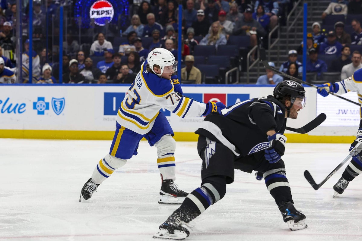 wtbre's tweet photo. Buffalo Sabres Defeat Tampa Bay Lightning At KeyBank Center: Defenseman Zach Metsa scored the Sabres' fifth goal, which drove the Lightning's Andrei Vasilevskiy from the net less than two minutes into the second https://t.co/YF3Q27v0e9 https://t.co/58ZYS2Fvim