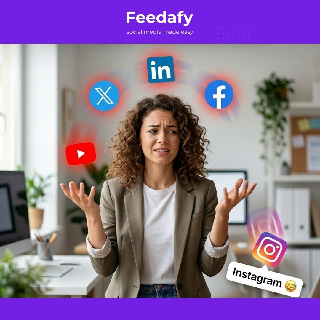Jumping between 5 platforms.
Forgetting Instagram.
Copy-pasting captions everywhere… 😅

Sound familiar?

There’s a better way.
Create once. Post everywhere.

Start your 7-day FREE Feedafy trial today and simplify your socials.

#Feedafy #SocialMediaAutomation...