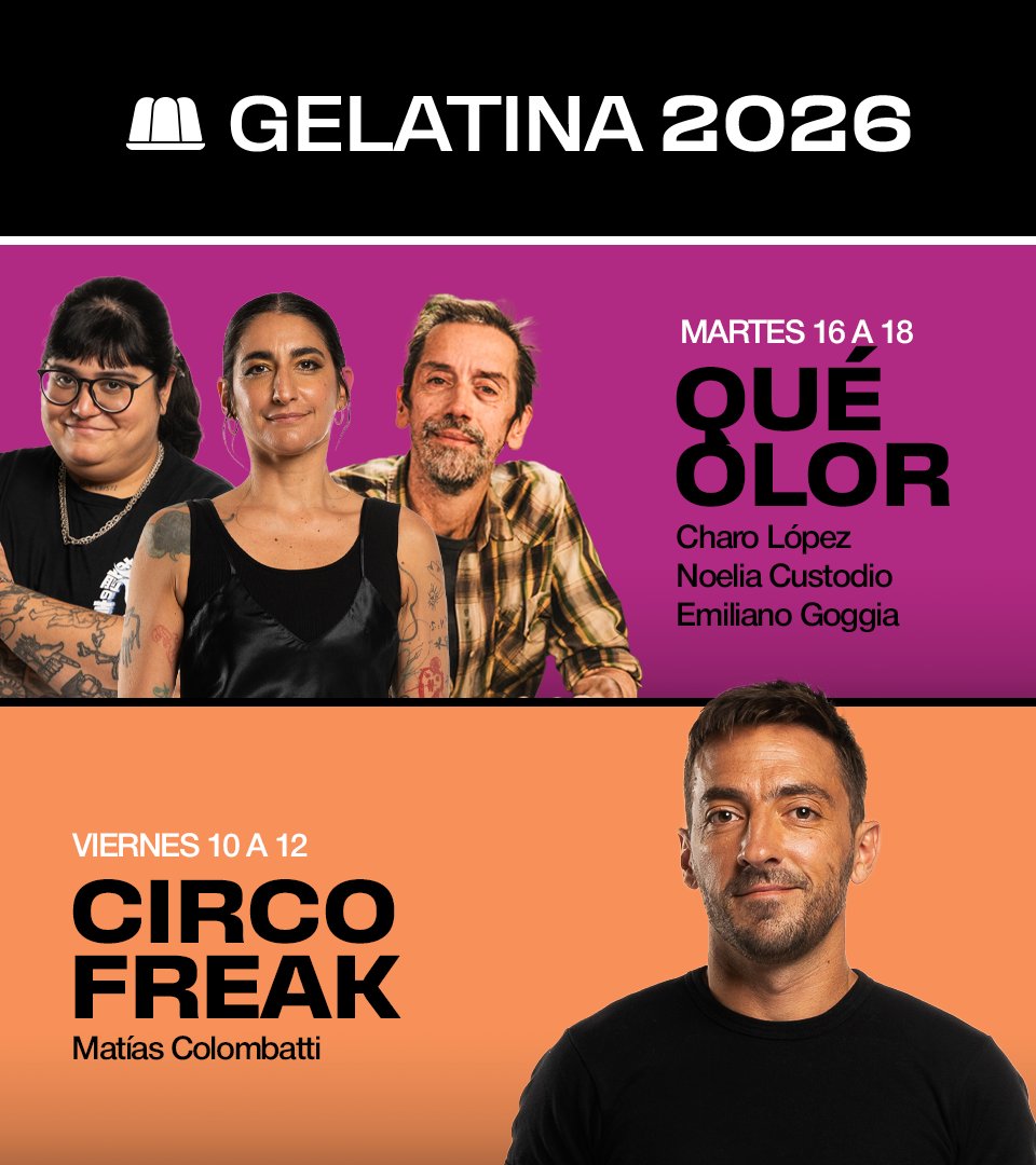 somosgelatina's tweet photo. 🔴 [PROGRAMACIÓN 2026]

 ⚠️ DEMASIADA PRESIÓN
🕗 Lunes a jueves de 8 a 10:30 | Con Flor Halfon, Gabriela Vulcano y Diego Geddes

🫵🏻 TUGO
🕥 Lunes a jueves de 10:30 a 12:30 | Con Nicolás Guthmann

🌉 EL PUENTE
🕧 Lunes a jueves de 12:30 a 13 | Con Pedro Rosemblat y Nicolás Guthmann

🏭 INDUSTRIA NACIONAL
🕐 Lunes a jueves de 13 a 16 | Con Pedro Rosemblat, Marcos Aramburu, Lia Copello y Matías Mowszet

🥔 QUÉ OLOR
🕓 Martes de 16 a 18 | Con Charo López, Noe Custodio y Mili Goggia

🎪  CIRCO FREAK
🕙 Viernes de 10 a 12 | Con Matías Colombatti