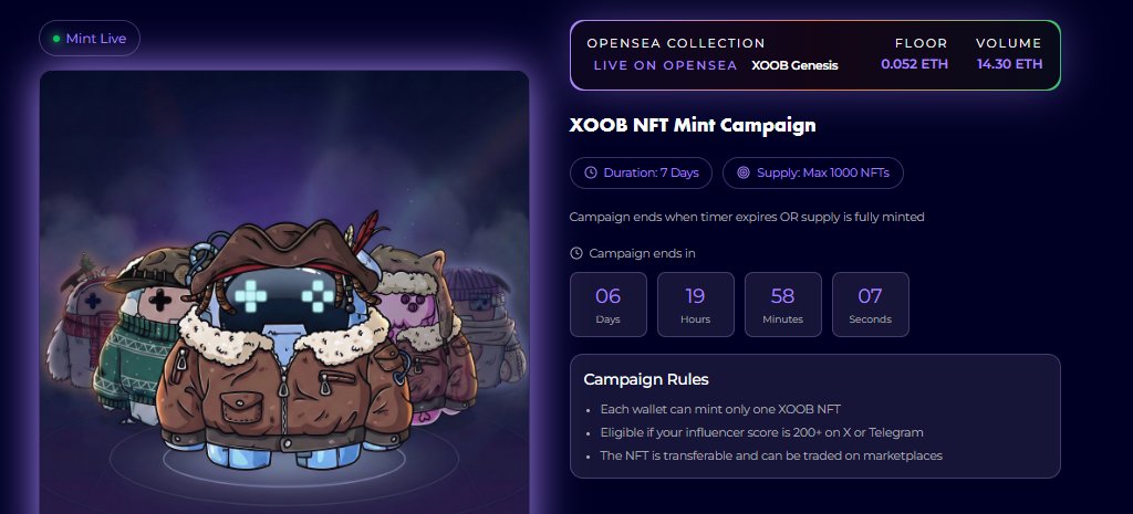 Bolupresh's tweet photo. Free $100 Alpha opportunity from @xoobnetwork.

Mint your free NFT (limited to 1,000):
 https://t.co/nU9KfRVtIg
Connect your wallet, link your X account, and reach a score above 100 to qualify. https://t.co/wTYM9CheV4