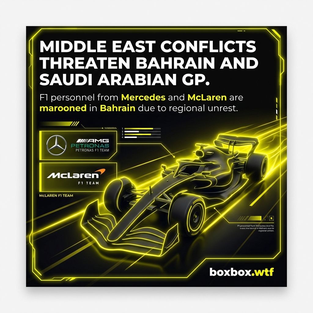 F1memeBoxbox's tweet photo. 🏎️ Middle East Conflicts Threaten Bahrain and Saudi Arabian Grands Prix

F1 personnel from Mercedes and McLaren are marooned in Bahrain due to regional conflicts during a Pi

Foll

#F1 #Formula1 #F12026 #Mercedes #McLaren #boxboxwtf #GrandPrix https://t.co/bspNq0zpOV