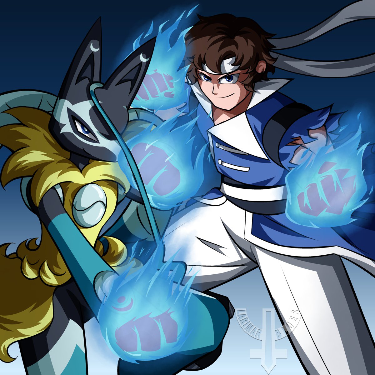 LarimarBlues's tweet photo. Richter Belmont and Mega Lucario Z! I'm a little late to Pokemon Day but I wanted to draw them together :) I feel like they fit pretty well.

I might do more of these (with the game designs) so Alucard and Aegislash are probably next! 

 #Castlevania #Pokemon https://t.co/fIf3rHnnzE